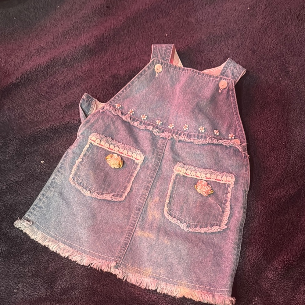 Denim Kids Overall Dress with Floral Accents